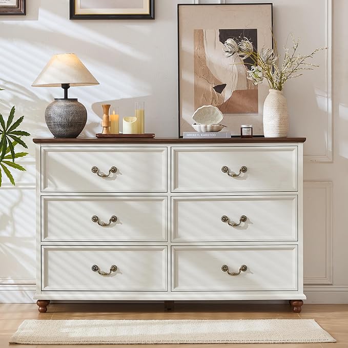 Joaxswe Farmhouse 6 Drawers Dresser for Bedroom, Vintage 54" Wide Chest of Drawers w/ 4 Wooden Legs, Rustic Large Closet Storage Dressers Organizer for Hallway, Wood TV Stand for Living Room, White