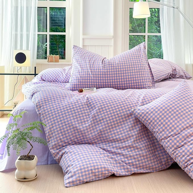 LifeTB Purple Gingham Comforter Queen Comforter Set Fluffy Soft Plaid Checkered Pattern Comforter Purple Pink Gingham Bedding Set Farmhouse Grid Plaid Comforter Set for All Seasons Queen Size