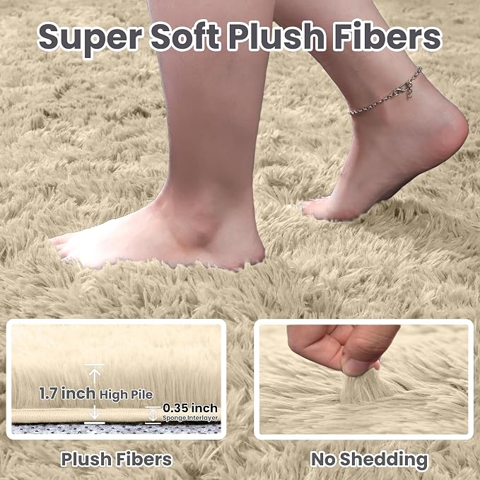 2x6 Fluffy Shag Area Rugs for Living Room Bedroom: Soft Plush Carpet Beige | Upgraded Non-Slip Thick Memory Foam, Ultra Soft, Non-Shedding Fuzzy Carpet, Easy Clean Decor for Kids Room, Nursery, Playroom
