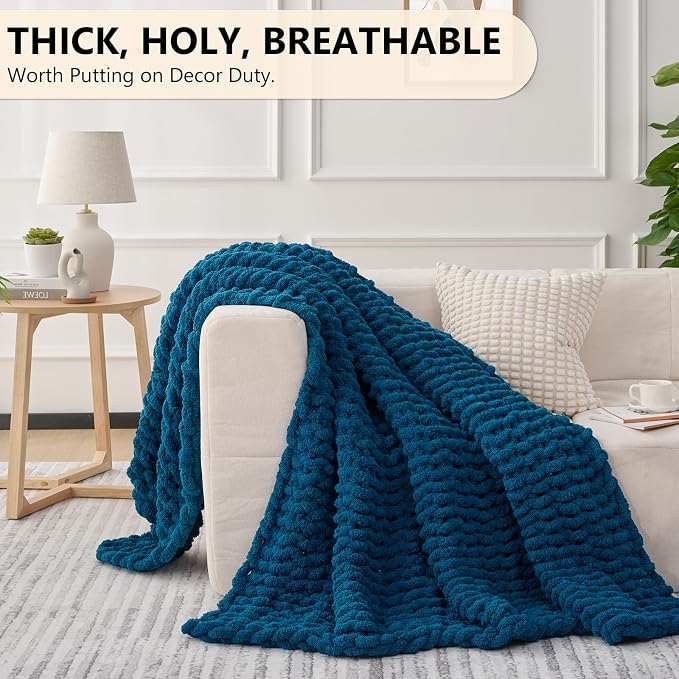 L'AGRATY Chunky Knit Throw Blanket for Couch, 60'' x 80'' Knit Throw, Blue | Handmade Chenille Crochet Blanket for Sofa Bed, Thick Cable Knitted Blankets for Room Home Decor, Birthday Gift for Women Mom