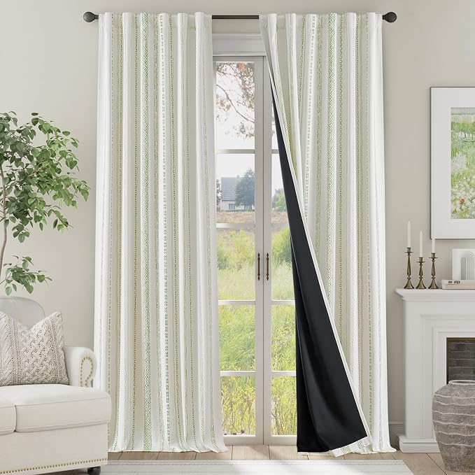 jinchan Boho Blackout Curtains 96 Inches Long for Bedroom Living Room | Sage Green on Beige Geometric Printed Back Tab Rod Pocket Farmhouse Curtains Room Darkening Thermal Window Treatment 2 Panels