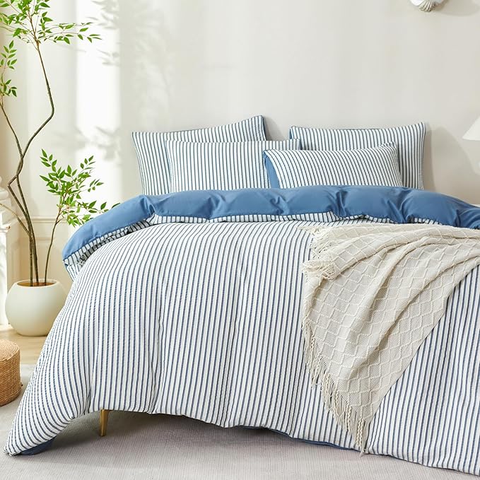 Striped Comforter Set Queen Denim Blue Soft Luxury Washed Microfiber Jacquard 3 Pieces Bedding Set, White Denim Blue Vertical Ticking Stripes Comforter with 2 Pillowcases Breathable Durable Comfy
