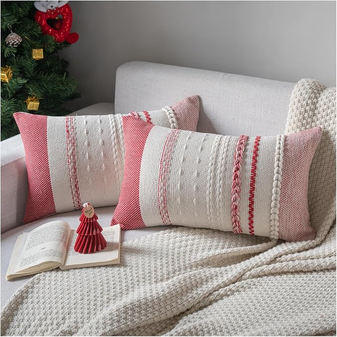 Cethom Christmas Pillow Covers 12x20 Inch Set of 2, Red Textured Boho Christmas Decoration Couch Pillow Cases for Farmhouse Home Decor, Accent Cushion Cover for Sofa, Bed, Living Room, Bedroom