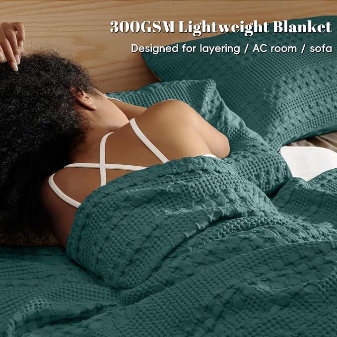 PHF Lightweight 100% Cotton Waffle Blanket for Bed, King, Teal | Pre-Washed Soft Cotton Comfort, Breathable Layering Warmth for Fall & Winter, Bed, Sofa, Couch, Home Decor & Gifts