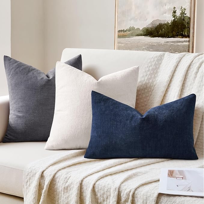 MIULEE Navy Chenille Couch Lumbar Throw Pillow Covers, 12x20 | Set of 2, Soft Coastal Home Decor, Modern Farmhouse Decorative Pillowcases for Sofa Living Room Bed