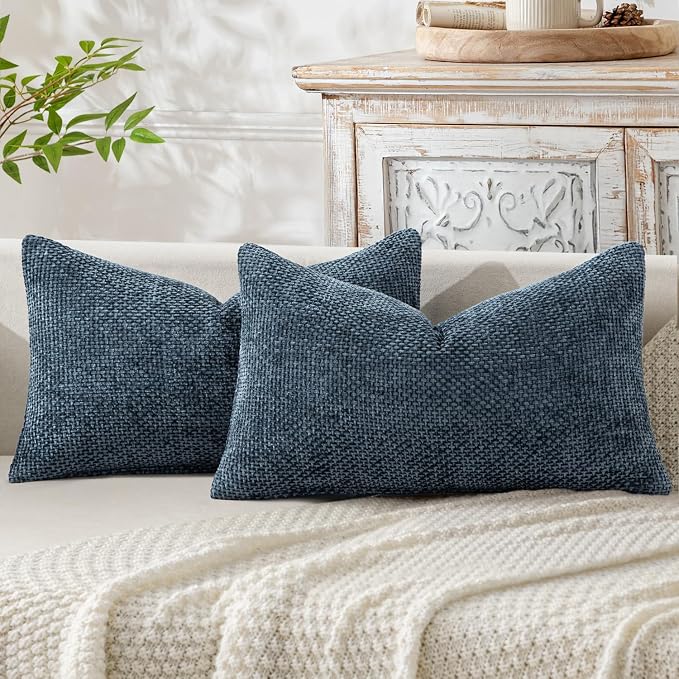 MIULEE Decorative Lumbar Throw Pillow Covers 12x20 Coastal Navy Blue 2 Pack | Modern Boho Accent, Soft Chenille Pillow Covers, Farmhouse Cushion Cases for Couch Bed Sofa Living Room Home Decor