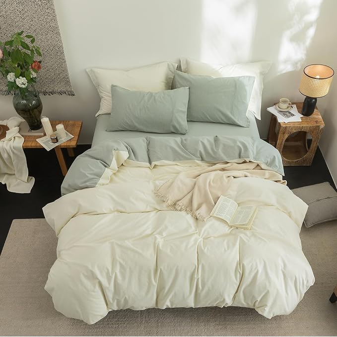 BDEAR 3Pcs Duvet Cover Set King Size 104" Wx90 L,Pale Yellow and Sage Green | 100% Washed Cotton, 1 Duvet Cover with 2 Pillowcases, Zipper Closure, OEKO TEX Standard,8 Corner Ties,Linen-Liked Texture