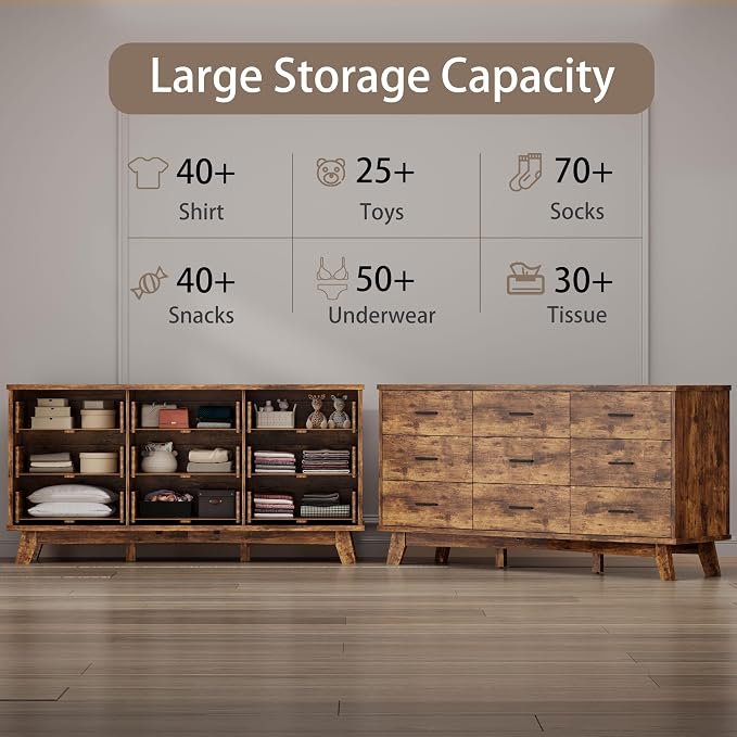 Xixini Dresser for Bedroom, 9 Drawer Wide Modern Chest of Drawers with X-Shaped Sturdy Base, Wood Double Dresser Closet Clothes Storage Organizer, Wooden TV Stand for Living Room, Hallway, Brown