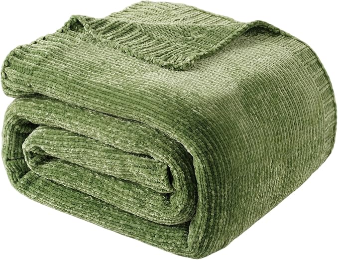 Green Chenille Throw Blanket for Couch, Soft Knit Throw Blanket 51"x67" | Shiny Chenille Blanket, Decorative Soft Moss Green Blankets for Bed Sofa Living Room