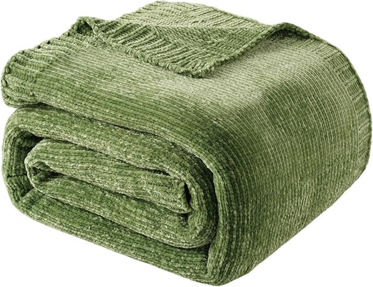 Green Chenille Throw Blanket for Couch, Soft Knit Throw Blanket 51"x67" | Shiny Chenille Blanket, Decorative Soft Moss Green Blankets for Bed Sofa Living Room