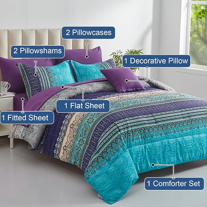 Cottolester Boho Comforter Set King Size 8 Piece Bed in a Bag Bohemian Striped Bedding Quilt Set Aqua Paisley Floral Comforter and Sheet Set,Soft Microfiber Complete Bedding Sets for All Season