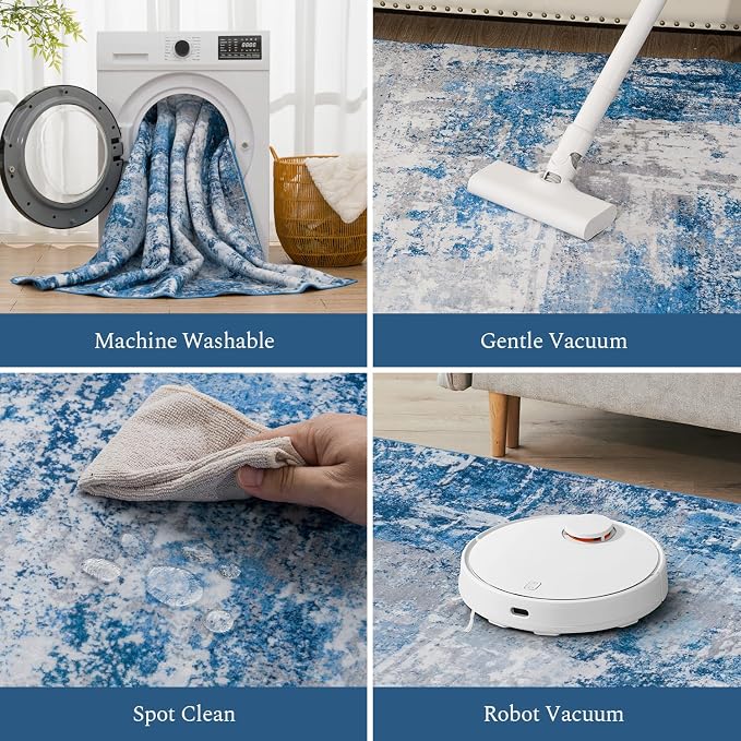 Rugflix 8x10 Area Rugs for Living Room, Washable Blue Grey Large Rug | Machine Washable; Stain-Resistant; Low Pile; Non-Slip; Modern Abstract; Carpet for Bedroom Dining Office Nursery Home