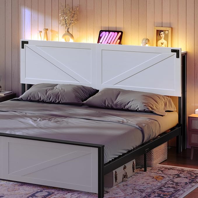 MAHANCRIS King Headboard with Charging Station, LED Light and Storage | Farmhouse Wooden Bed Head with Bed Frame Adapter LED Adjustable Brightness and Color Modes Easy Assembly White