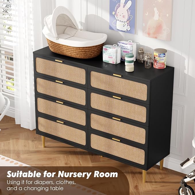 GarveeHome Rattan 8 Drawer Dressers for Bedroom, Deep Drawer, Black | Tall Dresser, Wide Top, for Living Room, Hallway, Kids Room, Large Chest of Drawers for Closet, Long Wooden Dresser