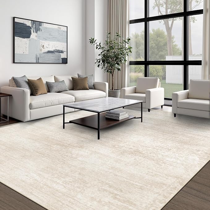 pmtsns Area Rugs 9x12 for Living Room: Washable Rug Modern Abstract Neutral Soft Non-Slip Low-Pile Indoor Large Carpet for Bedroom Dining Room Playroom Home Office (Beige, 9'x12')