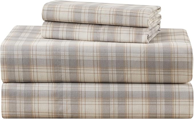Comfort Spaces 100% Cotton Percale Sheets Full Size 4 Piece, Wesley Taupe | Crisp, Cool & Breathable Bed Sheets, 14" Deep Pocket Fits Up to 16" Mattress, Lightweight, All Season Cozy, with Pillow Case