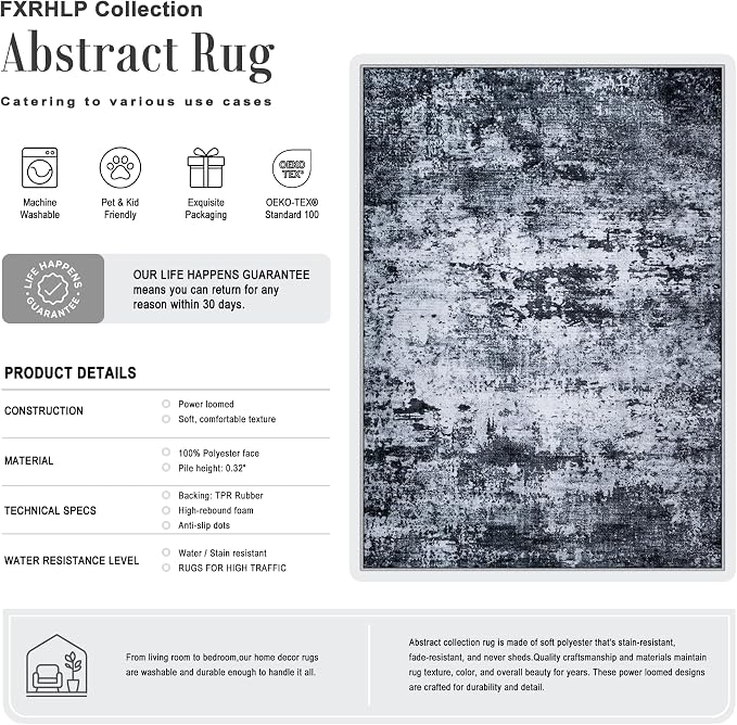 Area Rug Living Room: 4x6 Modern Washable Indoor Carpet Black | For Bedroom Dining Room Farmhouse Nursery Hallway Office,Modern Abstract,Machine washable,Non-Slip,Stain Resistant,Indoor