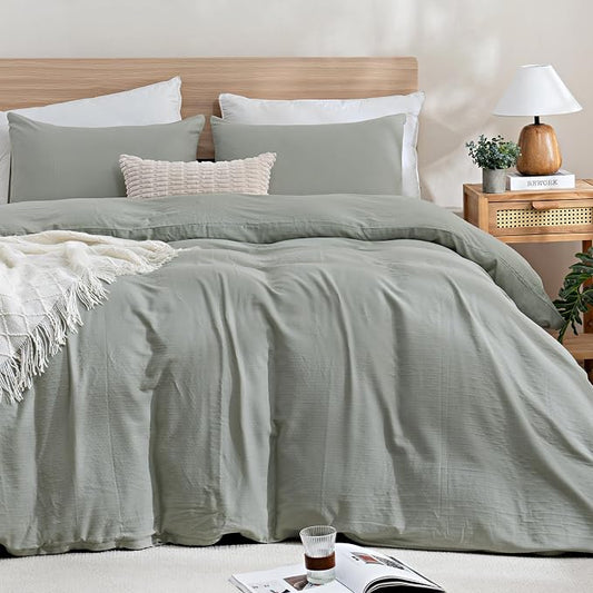 TOCOMOA 100% Muslin Cotton Duvet Cover Set, Sage Green, Queen | Linen-Like Texture. Ultra Soft, Breathable, Comfy & Lightweight Bedding Set with Zipper & 8 Ties. 3 Pcs, No Insert