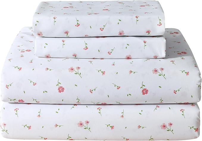 Softan Pink Flower Sheets for King Size Bed - 4 Piece Microfiber Floral Sheet Set with 15" Deep Pocket, Cute Pink Spring Flower Sheets and Pillowcase Set