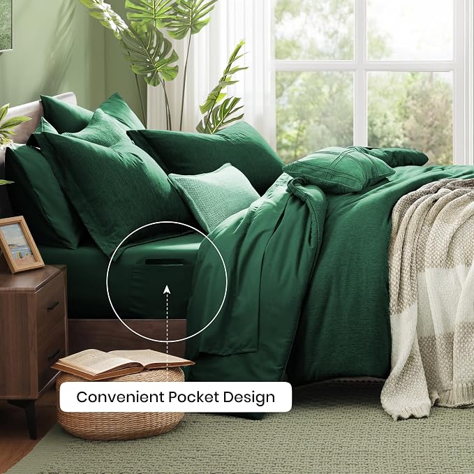 Monbix Queen Size Comforter Set 7 Pieces Emerald Green Bed in a Bag | Cationic Dyeing Reversible All Season Bedding Sets with Comforter, Sheets, Pillowcases & Shams