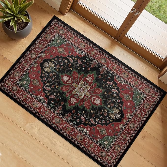 RELEANY Washable Area Rug, Small 2'x3', Red/Black | Non-Slip, Water Repellent, Pet Friendly, Easy to Clean, Vintage Floral Boho Decor for Kitchen Entryway Bathroom
