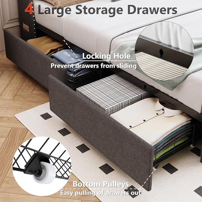 Full Size Bed Frame with 4 Drawers and Storage Headboard, Upholstered Button Linen Platform Full Bed with Led Lights and Handy Charging Station, No Box Spring Needed, Easy Assembly, Noise Free, Gray