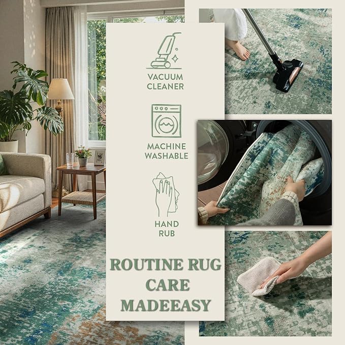 Lahome Modern Abstract Area Rug 5x7 Rugs for Living Room, Washable Accent Bedroom Rug Non-Slip Non Skid, Indoor Floor Contemporary Carpet for Kitchen Bathroom Laundry,Green/Grey