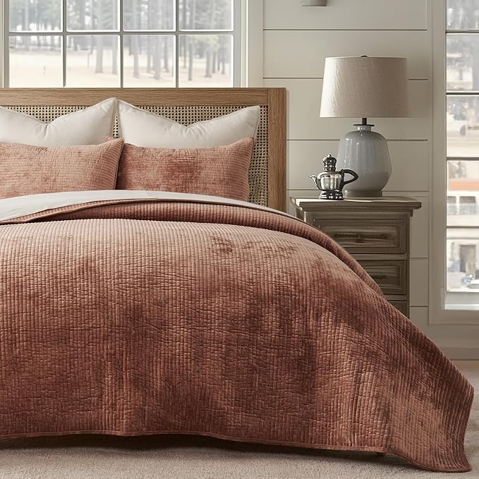 EverGrace Striped Channel Velvet Quilt Set, Queen Size, Terracotta Clay | Luxurious Soft Lightweight Velvet Comforter, Oversized Bedspread Coverlet, Quilted Bedding Set for All Season, with 2 Shams