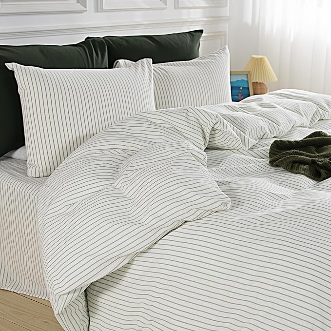 NEXHOME PRO Striped Duvet Cover Oversized Queen,100% Washed Cotton Bedding Set,Textured Linen Feel,Breathable,Organic,3 Piece(Green Stripes 98x98)