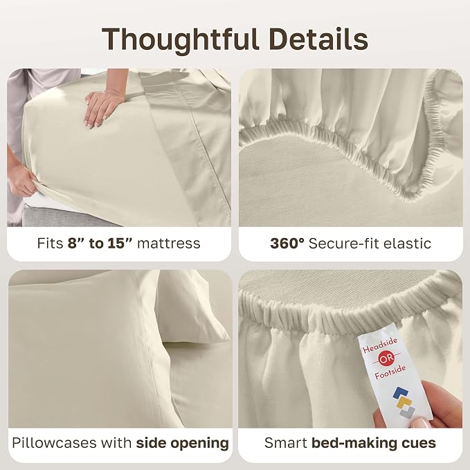 California Design Den 600 Thread Count Split King Bed Sheets, 5 Pcs, Cream | 100% Cotton Sateen, Good Housekeeping Seal, Split King Sheets Sets for Adjustable Bed with 2 Separate Twin-XL Mattresses