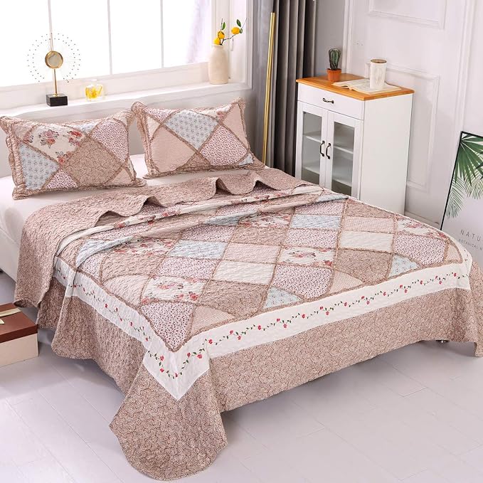 Full/Queen Size Quilt Set Pink Floral Patchwork Bedspreads Bedding Set | VIVILINEN 3-Piece Reversible Quilted Coverlet Lightweight Comforter Queen Bed Sheet Set Cover Blanket with 2 Pillow Shams