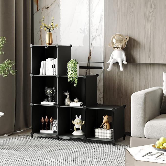 AWTATOS Closet Organizers and Storage, 6 Cube Storage Organizer, Black | Portable Closet Storage Shelves, DIY Stackable Storage Cube Book Shelf, Plastic Clothes Organizer Shelving for Bedroom, Home