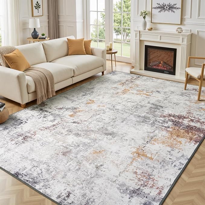 Rugflix 10x14 Area Rugs for Living Room, Washable Beige Grey Large Rug | Machine Washable; Stain-Resistant; Low Pile; Non-Slip; Modern Abstract; Carpet for Bedroom Dining Office Nursery Home