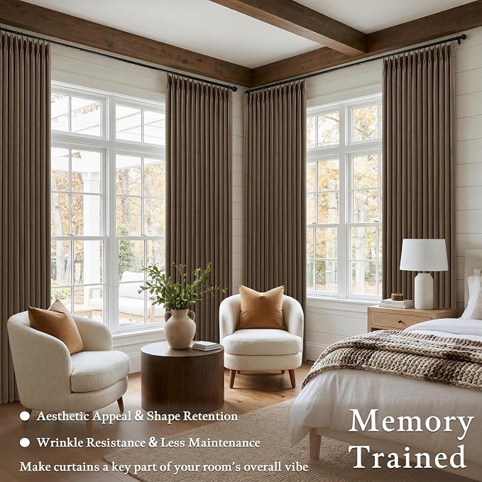 Dutch Cocoa 108 Inch Pinch Pleated Blackout Linen Curtains for Living Room | Double Layer Window Curtain, Memory Trained Shaped, Soundproof Room Darkening, for Living Room, Pinch Pleat Drapes with Hooks