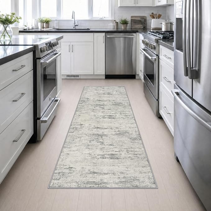 2.6x8 Washable Runner Rug：Modern Abstract Kitchen Soft Carpet Gray | For Hallway, Bedroom, Kitchen, Laundry, Bathroom,Door Mat,Modern Abstract,Machine washable,Non-Slip,Stain Resistant,Indoor