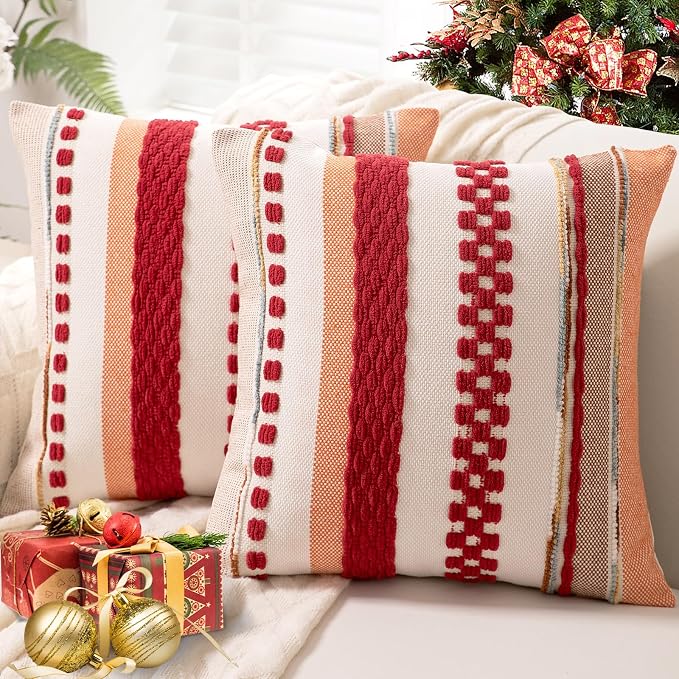 Boho Throw Pillow Covers Decorative Neutral Farmhouse Pillow case | 18x18 Set of 2 Cushion Case Striped Square Pillows Cover Couch Pillow Cases Accent Pillowcase for Sofa Bed,Red
