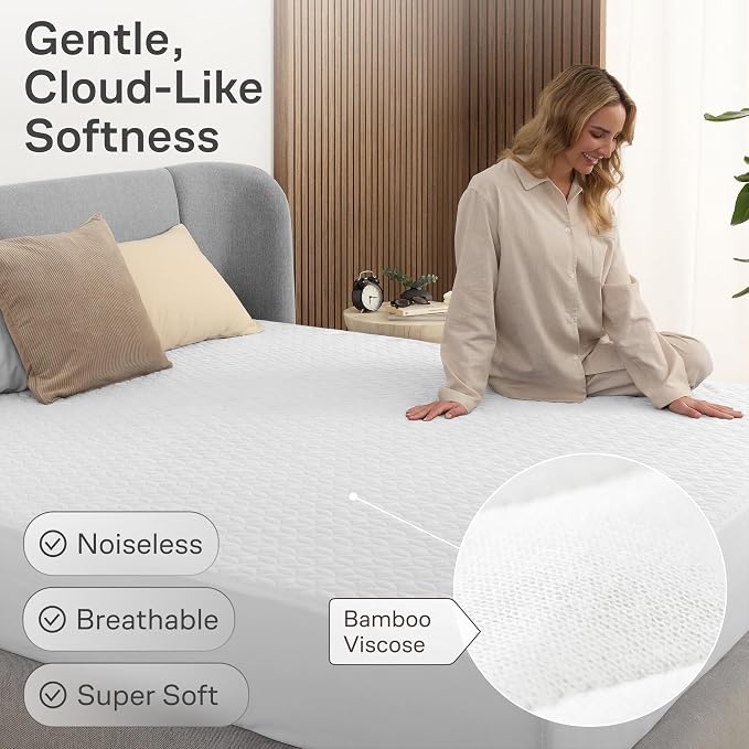 100% Waterproof Noiseless & Cooling Mattress Protector - Queen Size - White | Viscose Made from Bamboo, 360 Protection Against Spills, Stains, & Accidents, 20" Deep Pocket, For Parents & Pet Owners