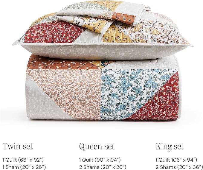 King Quilt Set-3 Pieces Soft Bedding Lightweight Floral Patchwork Coverlet | All Seasons Quilts Queen Size for Bed, 1 Quilt (106" x 94") and 2 Shams (20" x 36"), Vintage Bedspread, Burnt Orange