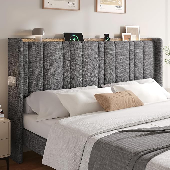 ONBRILL King Size Headboard with Storage, LED Light, Grey | Linen Vertical Wingback Headboard w/ Charging Station, Upholstered Head Board w/ High-Density Foam Padding, 2 Storage Pockets