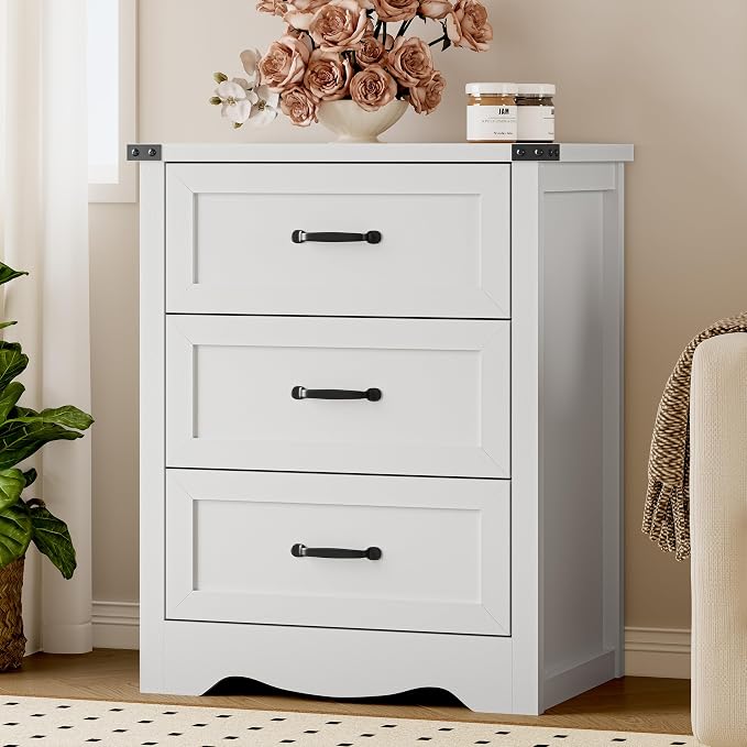 BORNOON 3-Drawer Dresser for Bedroom, Small Wooden Chest of Drawers with Metal Handles, Narrow Storage Cabinet with Anti-Tipping Design, Sturdy Dresser Organizer for Closet, Living Room, Entryway