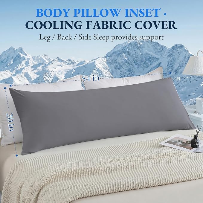 ELNIDO QUEEN Cooling Body Pillow Insert with Cover – Breathable Long Body Pillow for Side Sleepers, Soft Support Bed Pillow for Adults, 20x54 Inches Grey