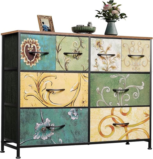 WLIVE Wide Dresser for Bedroom, 8 Drawer Chest of Drawers, Floral | 8 roomy fabric drawers, Wide storage design, Bedroom or closet use, Sturdy steel frame, Smooth wood tabletop