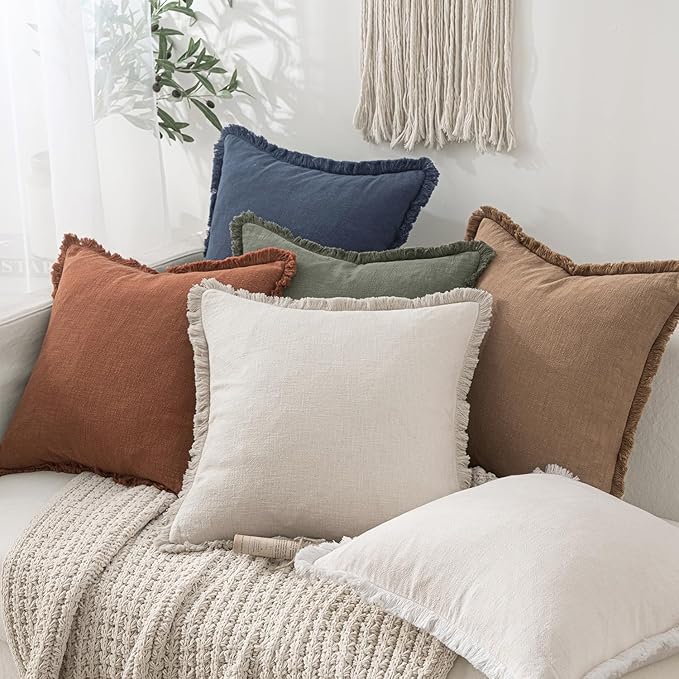 MIULEE Linen Decorative Euro Throw Pillow Covers Natural Beige 28x28 | Set of 2, Cottagecore Decor, Boho Farmhouse Neutral Pillow Covers, Rustic Fringe Couch Cushions for Sofa Bed Living Room