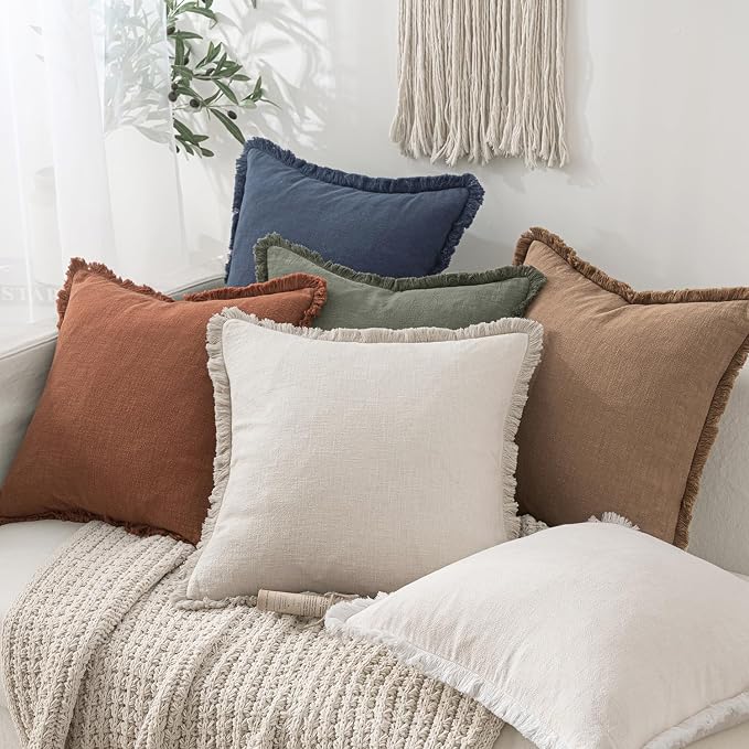 MIULEE Linen Fringe Decorative Euro Pillow Covers Natural Beige 22x22 | Set of 2, Cottagecore Decor, Boho Farmhouse Neutral Throw Pillow Covers, Rustic Couch Cushion Cases for Sofa Bed Living Room