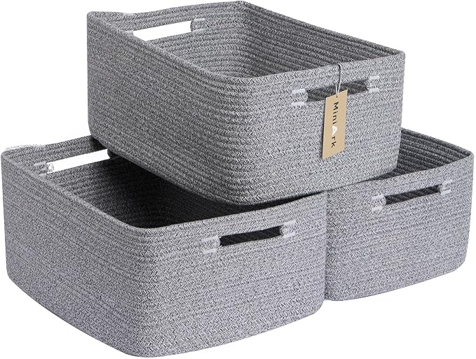MiniArk Large Storage Baskets for Shelves, 17 x 13 x 7.5” Closet Organizers Bins for Clothes Blanket Towels, Baby Nursery, Toy Baskets Box, Woven Rope Baskets, 3 Packs Mixed Grey