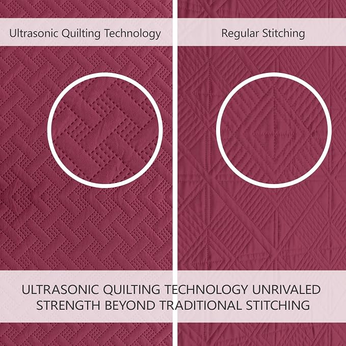 FLYMME Quilts Queen Size,Lightweight Burgundy Bedspreads,Basket Weave Pattern,Ultra Soft Microfiber Bed Coverlet 3 Pieces for All-Seasons (1 Quilt,2 Shams)