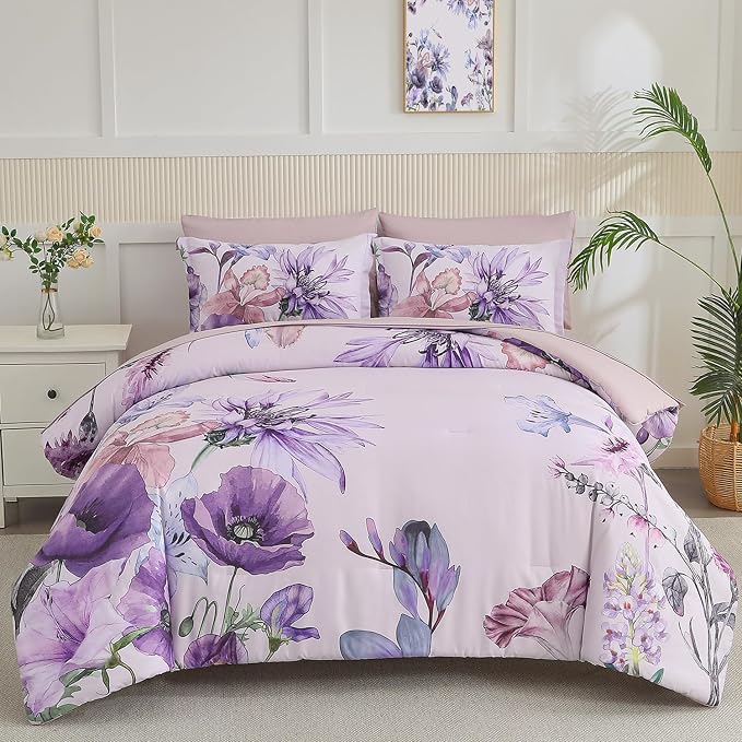 Yogeneg King Size Comforter Set 7 Piece Bed in a Bag,Elegant Floral Botanical Pattern Purple Bedding Set,Soft Microfiber Comforter with Sheet Set,All Season Bed Set(Purple Floral,King)