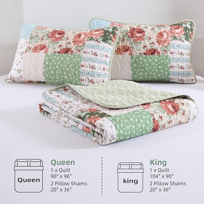 Anibedding Floral Patchwork Quilt Set Queen Size, Red Green Plaid Bedspread | Rustic Floral Boho Coverlet Set, Soft Lightweight Farmhouse Quilt Bedding Set 3 Pieces for All Season, 96''x90''