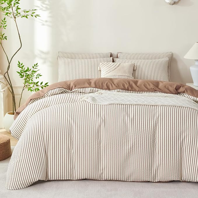 Comforter Set King Dark Brown Striped Soft Luxury Washed Microfiber Jacquard 3 Pieces Bedding, White Dark Brown Vertical Ticking Stripes Comforter with 2 Pillowcases Breathable Durable Comfy