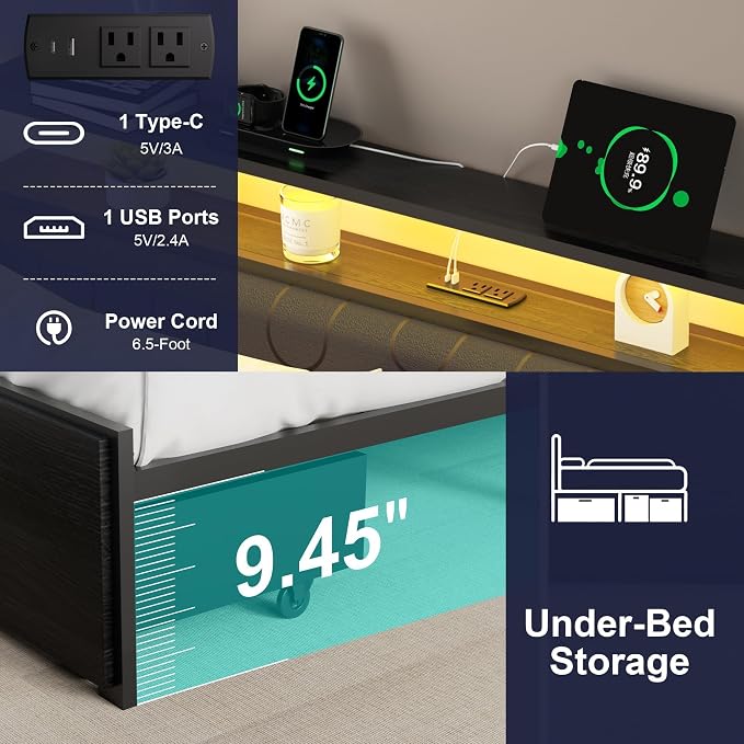 Full Bed Frame with 2 Drawers, Platform Bed Frame with LED Lights and Charging Station, Upholstered Headboard, Heavy Duty Metal Slats, No Box Spring Needed, Noise Free, Easy Assembly